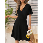 Fensace Womens Sundress Summer Floral Short Sleeve Wrap V Neck A-Line Midi Dress