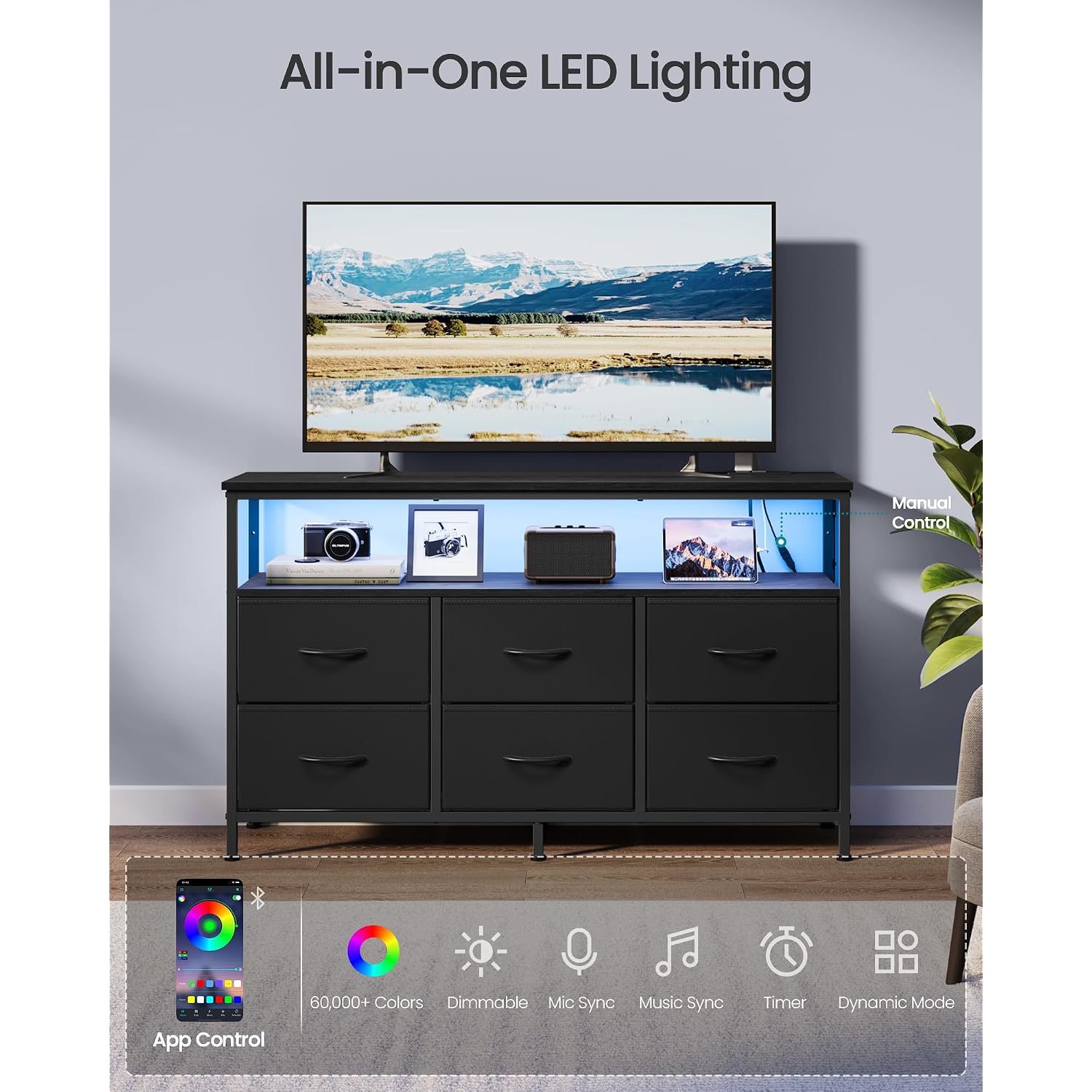 Songmics Bellah Collection - Dresser For Bedroom, Chest Of Drawers, Tv Stand For Tvs Up To 55 Inches, Living Room, Closet, 6 Drawers And 1 Shelf, Modern, Ink Black Ulgs833Bh02S