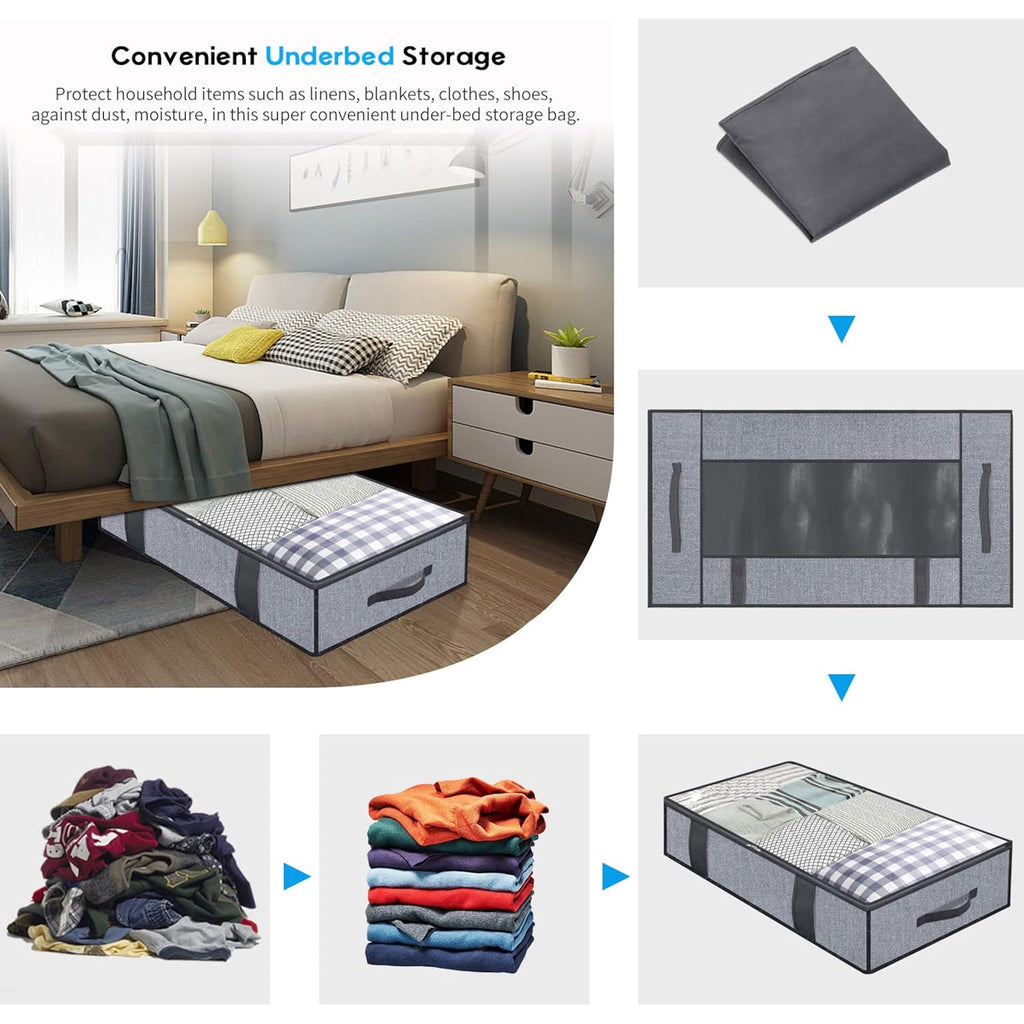 Onlyeasy Foldable Underbed Bags 2 Pack - Blankets Clothes Comforters Storage Bag Breathable Zippered Organizer For Bedroom With Clear Window And 4 Handles, 39.4X19.7X5.9 In, Linen-Like Grey, Mxdubbp2