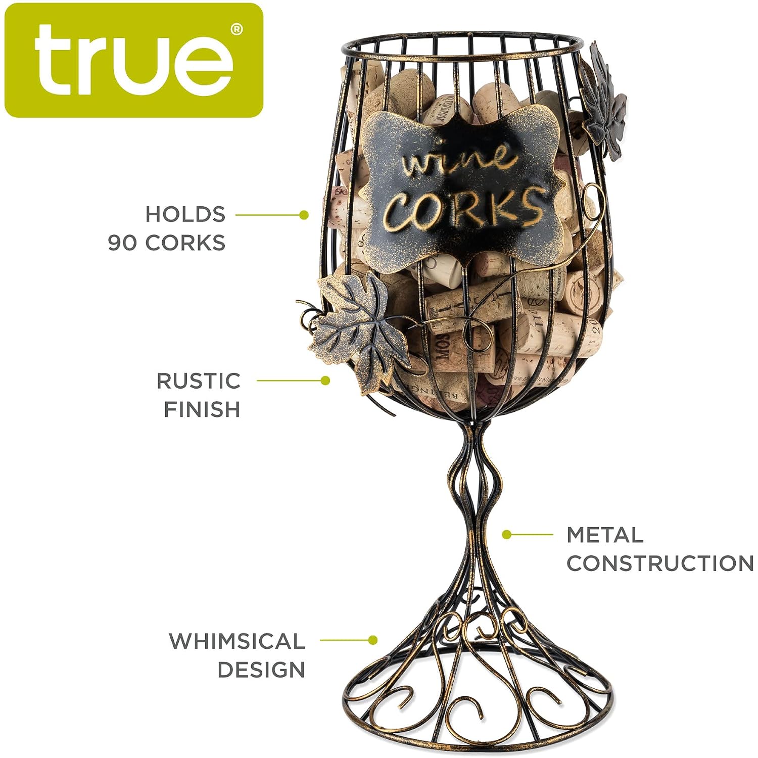 True Wine Glass Cork Holder, Decorative Wine Cork Storage And Decor, Set Of 1, Rustic Bronze Finish