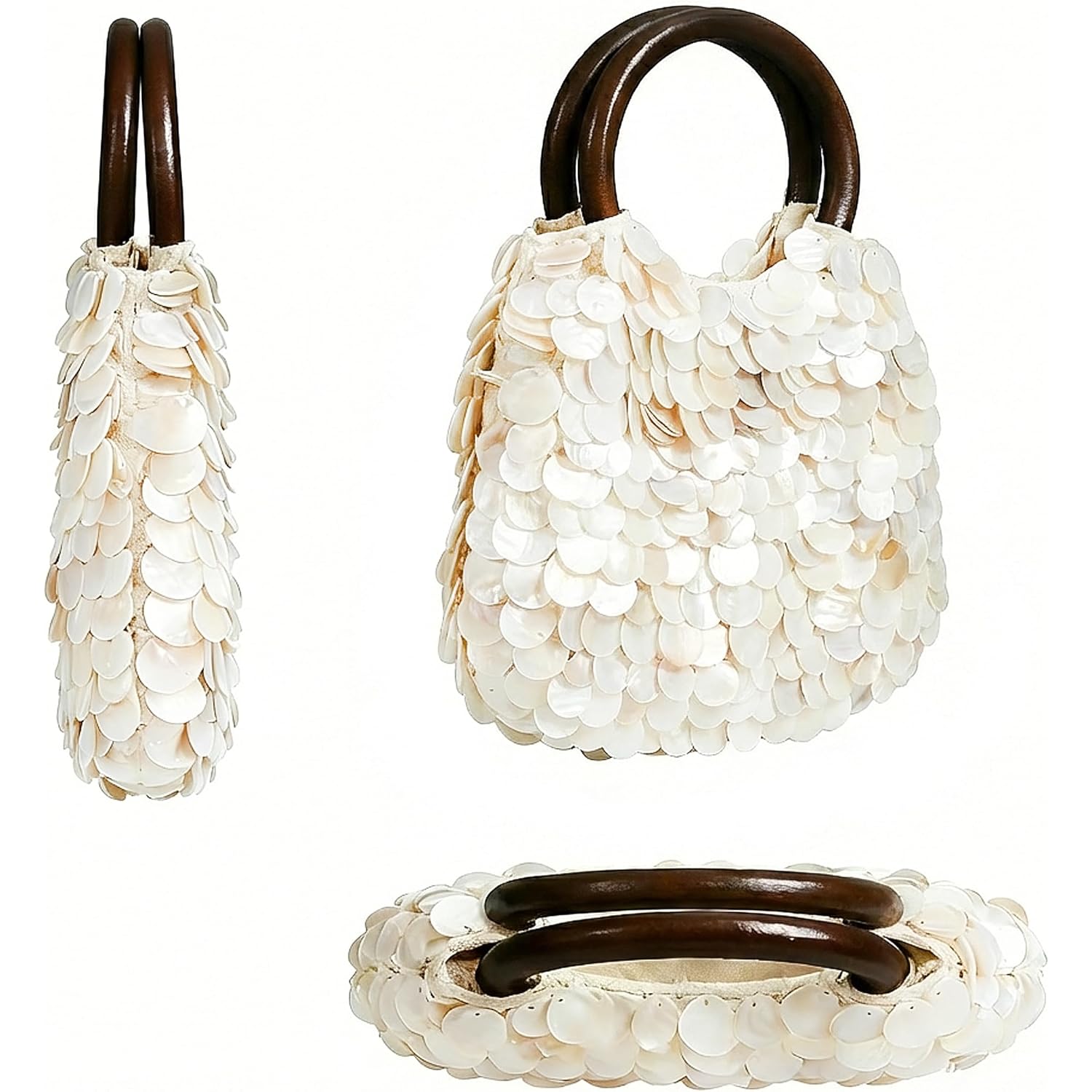 Miuco Shell Clutch Handbag Handmade Natural Seashell Purse with Wooden Handle Shell Beaded Bag for Women Beach Party Vacation