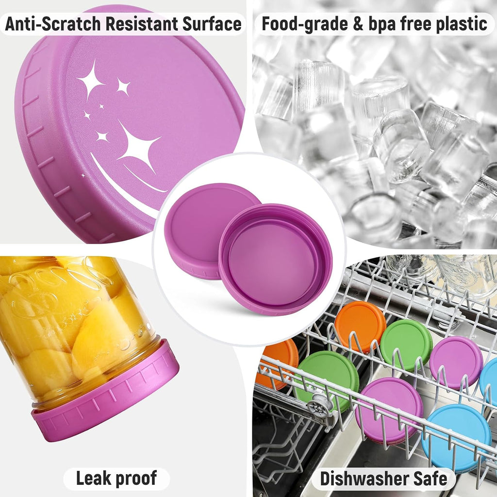 Aozita 10 Wide Mouth & 10 Regular Mouth Mason Jar Lids - 20 Pack Food Grade Plastic Mason Jar Caps For Ball, Kerr And More Canning Jars - Leakproof & Dishwasher Safe - Multicolor