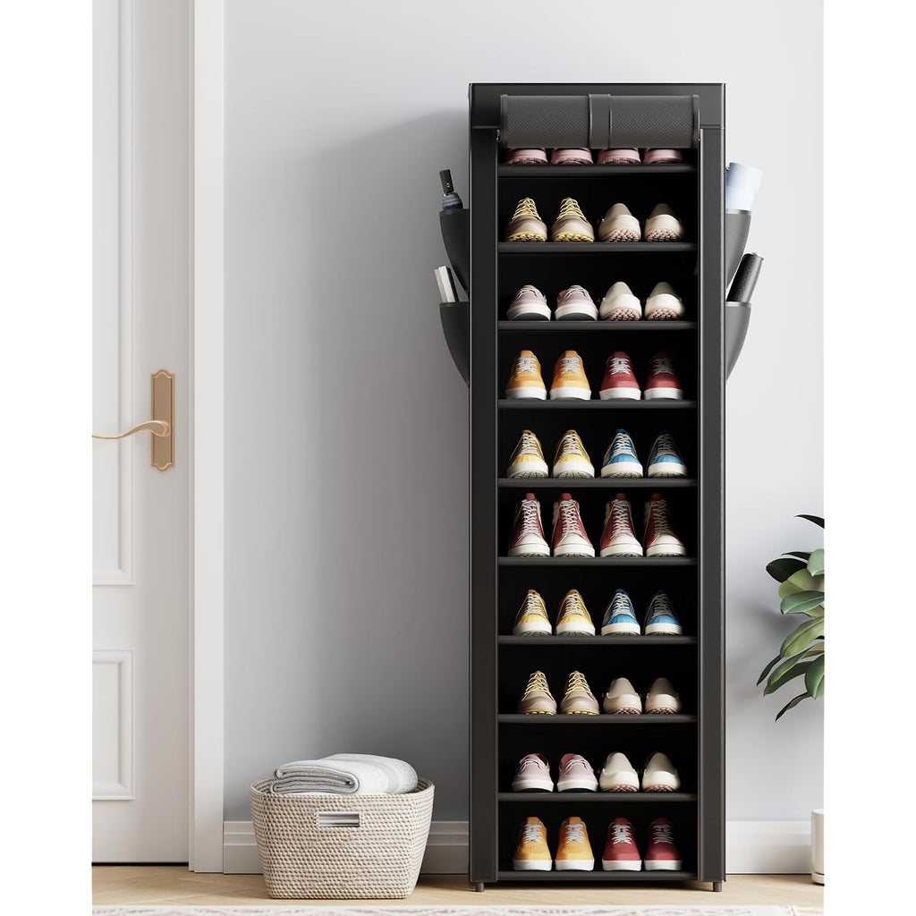 Kitsure Shoe Rack - 10-Tier Large Capacity Shoe Organizer Shelf With Dust Cover & Side Pockets, Rust-Proof Metal Shoe Rack For Closet, Entrance, Living Room, 17.5" X 12.4" X 69.3", Black