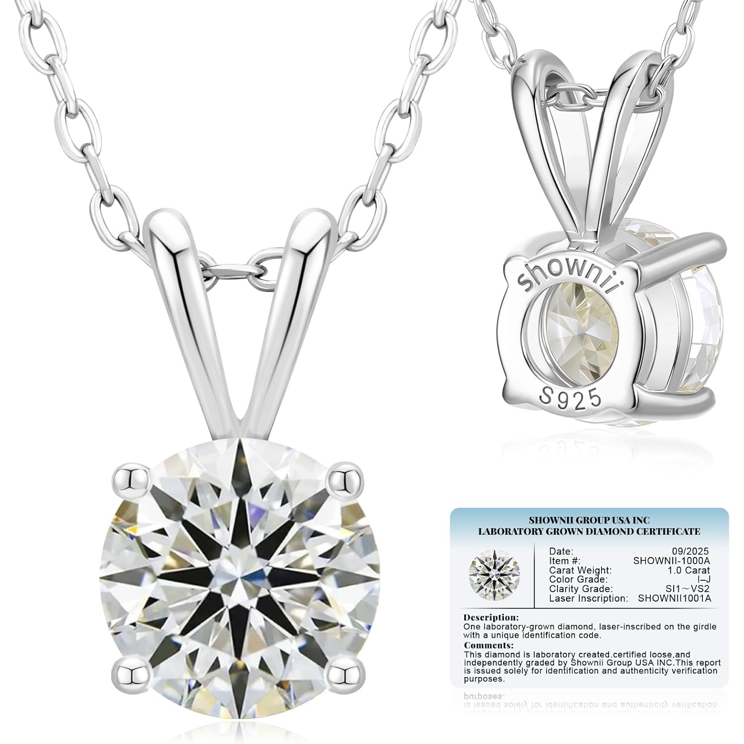 shownii Diamond Necklace Certified LAB GROWN Round Diamond Solitaire Necklaces for Women 0.5-1CT 14K Gold Plated Sterling Silver 4 Prong Solitaire Pendant Jewelry (I-J Color, SI1-VS2 Clarity)