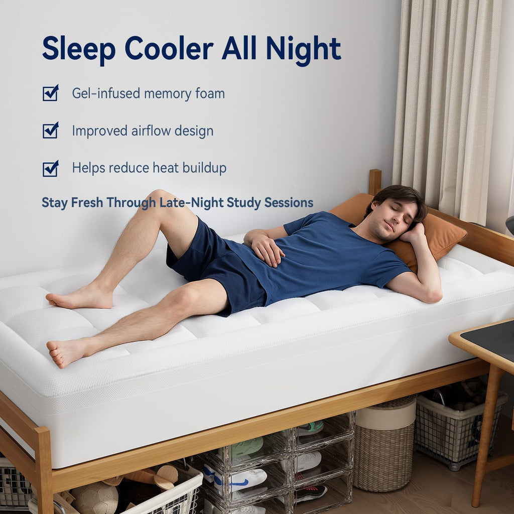 Elemuse Twin Xl Dorm Dual Layer 3 Inch Memory Foam Mattress Topper For College, Dorm Room Essentials, 2 Inch Cooling Gel Foam And 1 Inch Soft Pillow Top Bed Pad,Back To School Comfortable Support