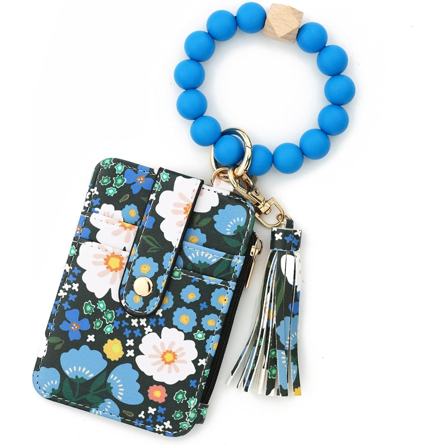 Flower Keychain Wristlet Wallets for Women Cute Silicone Beaded Credit Card Holder Aesthetic Key Ring Bracelet Leopard Wallet (Blue)