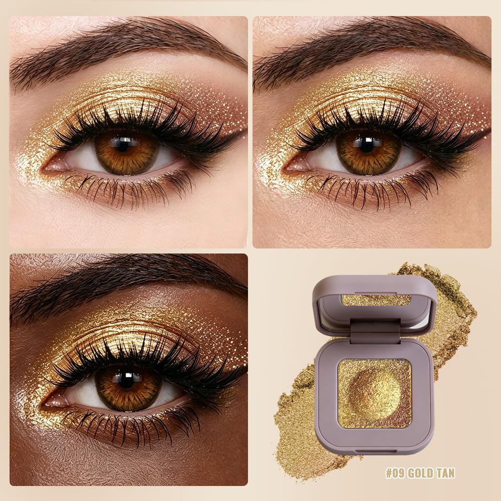Shimmer Glitter Eyeshadow, Golden Tan Gold Metallic Eye Shadow, High Pigment Sparkle Single Eyeshadow, Creamy Smooth Waterproof Long Lasting, Soft Glam Natural Makeup, Sombra de Ojos 09