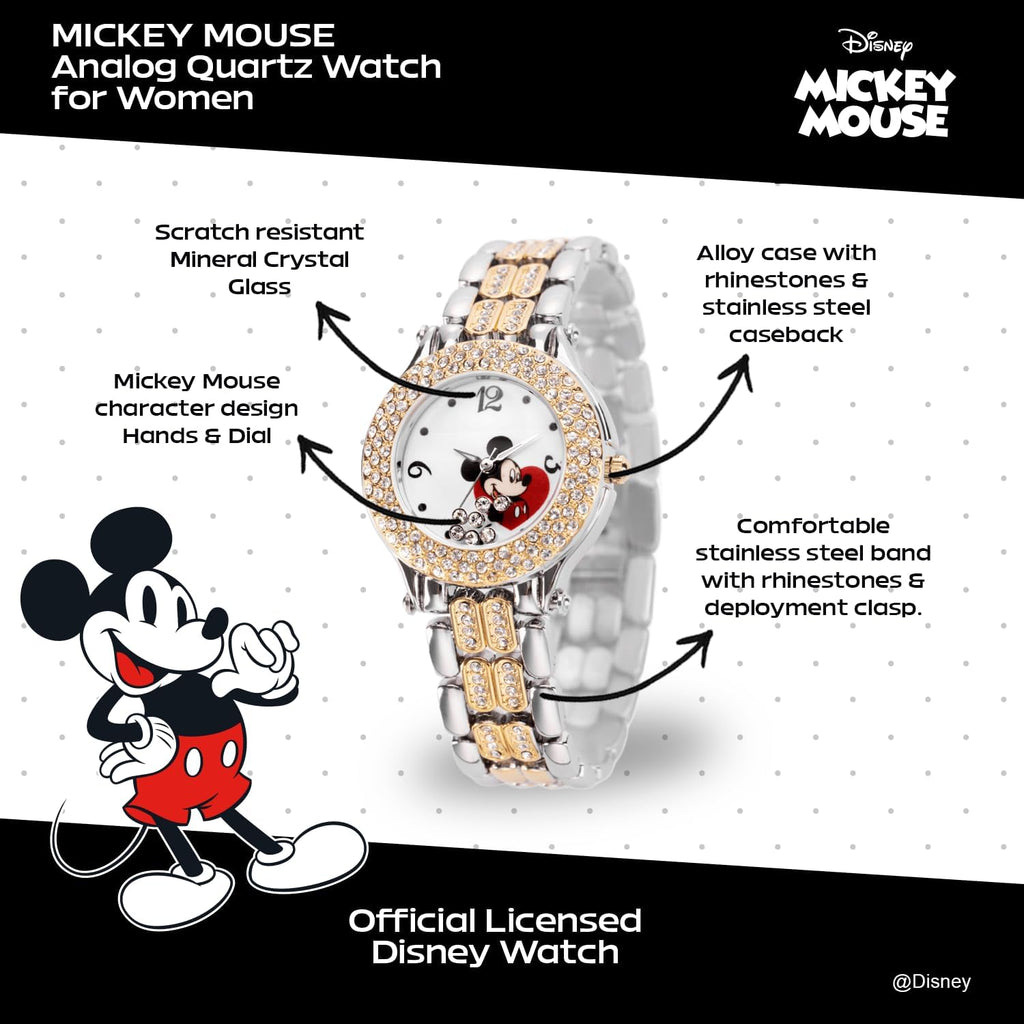 Disney Mickey Mouse Watch – Stylish & Fun Mickey Mouse Watches For Women – Classic Inspired Timepiece – Women'S Watch With White Dial & Floating Stones, Multicolor Stainless Steel Strap