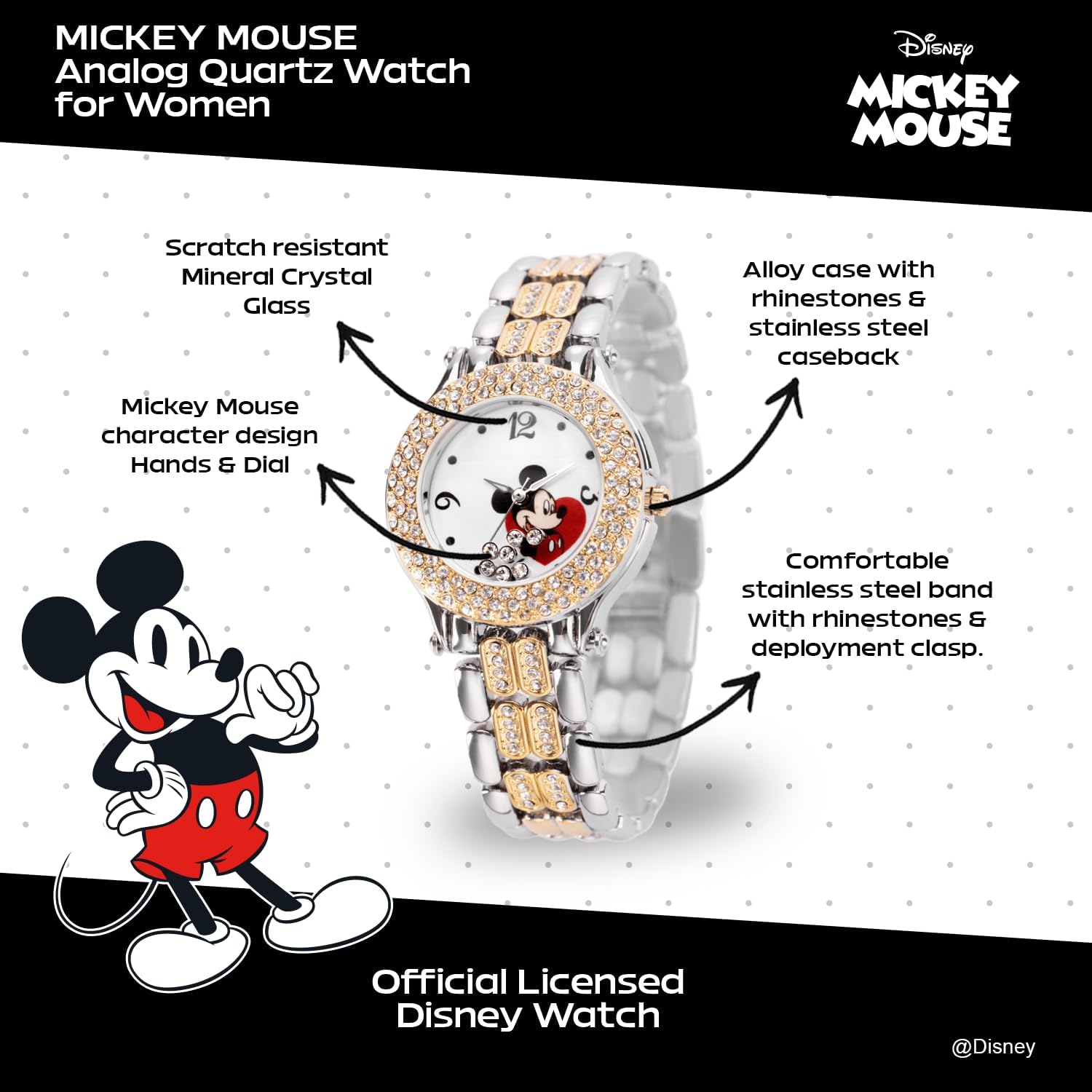 Disney Mickey Mouse Watch – Stylish & Fun Mickey Mouse Watches For Women – Classic Inspired Timepiece – Women'S Watch With White Dial & Floating Stones, Multicolor Stainless Steel Strap