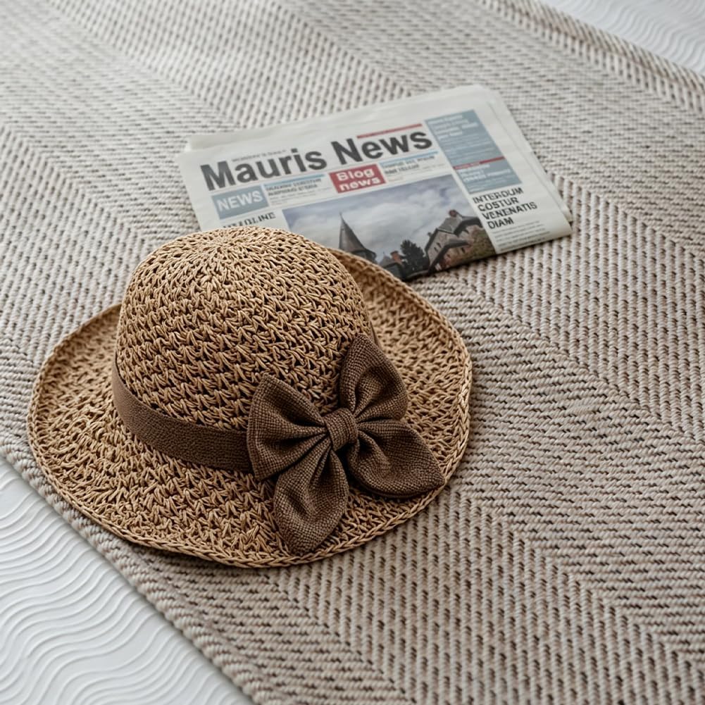 Womens Straw Hat Foldable Wide Brim Floppy Beach Sun Hats, Bucket Cap With Bowknot For Girls