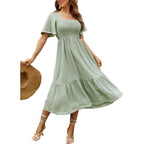 Glamaker Women'S Short Sleeve Smocked Square Neck A Line Summer Flowy Maxi Long Dress