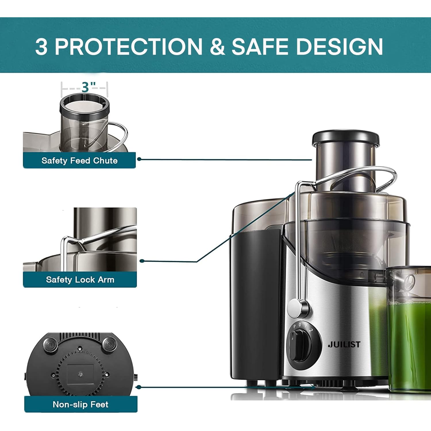 Juicer Machines, Juilist 3" Wide Mouth Juicer Extractor Max Power 800W, for Vegetable and Fruit with 3-Speed Setting, 400W Motor, Easy to Clean