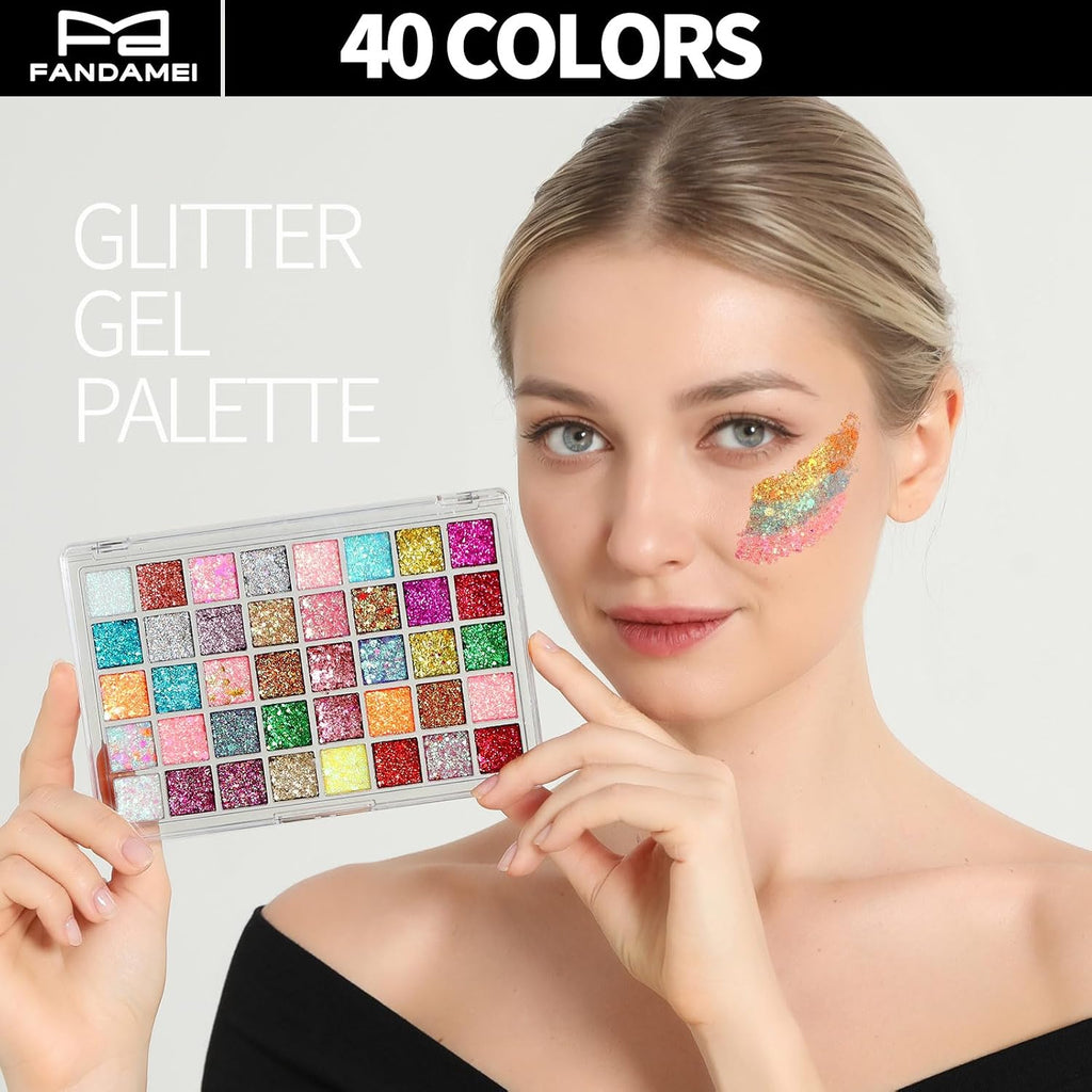 Fandamei Face Glitter Face Gems, 40 Colors Glitter Gel Palette With 6 Sheets Self Adhesive Hair Gems, Face Jewels For Women. Face Rhinestones Pearls For Women, Body Hair Glitter