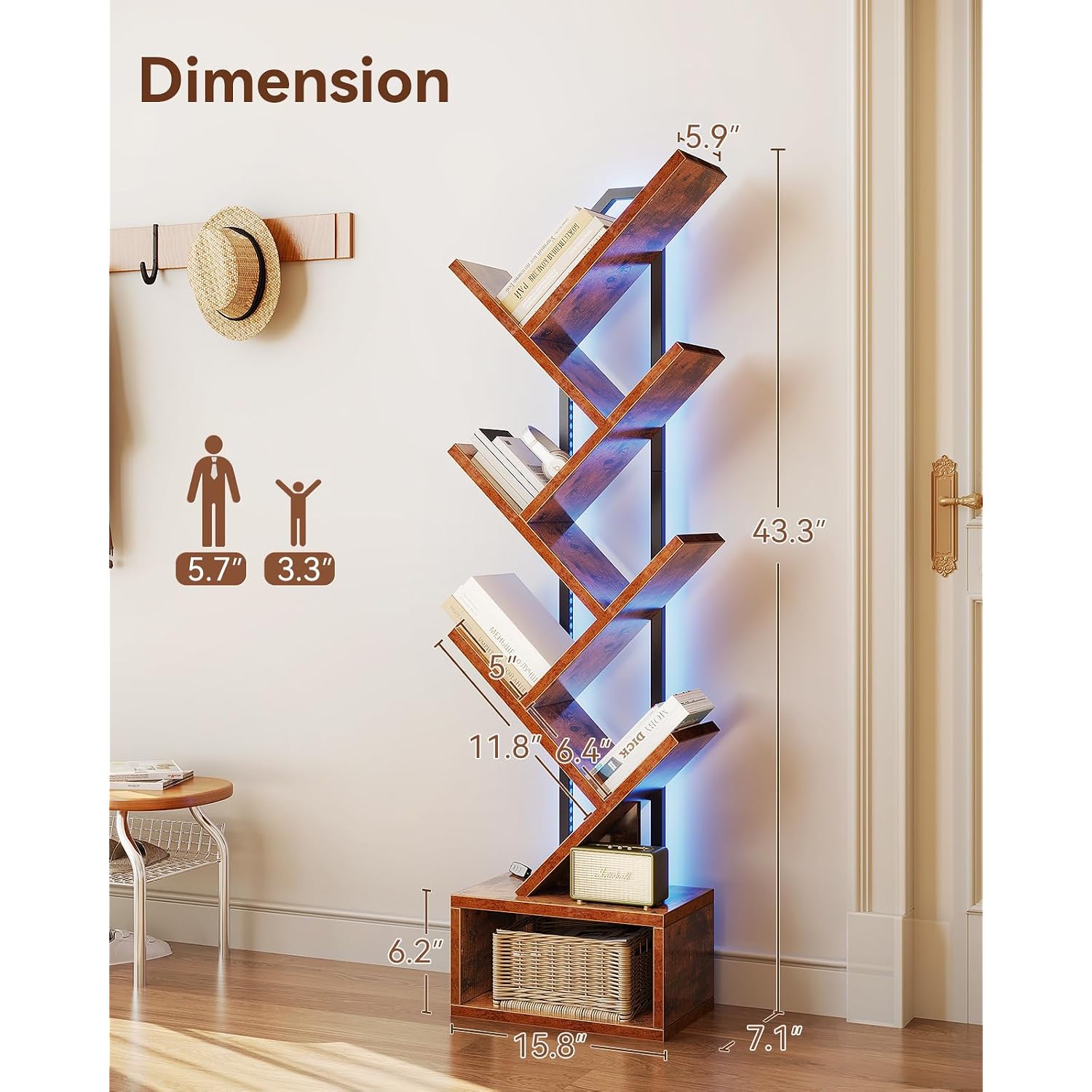 Casaottima Tree Bookshelf With Led Lights, 6-Tier Narrow Bookcase For Small Spaces, Tall Steel & Wood Storage Shelf With Cabinet, Home Decor & Organizer For Living Room/Bedroom/Home Office, Vintage