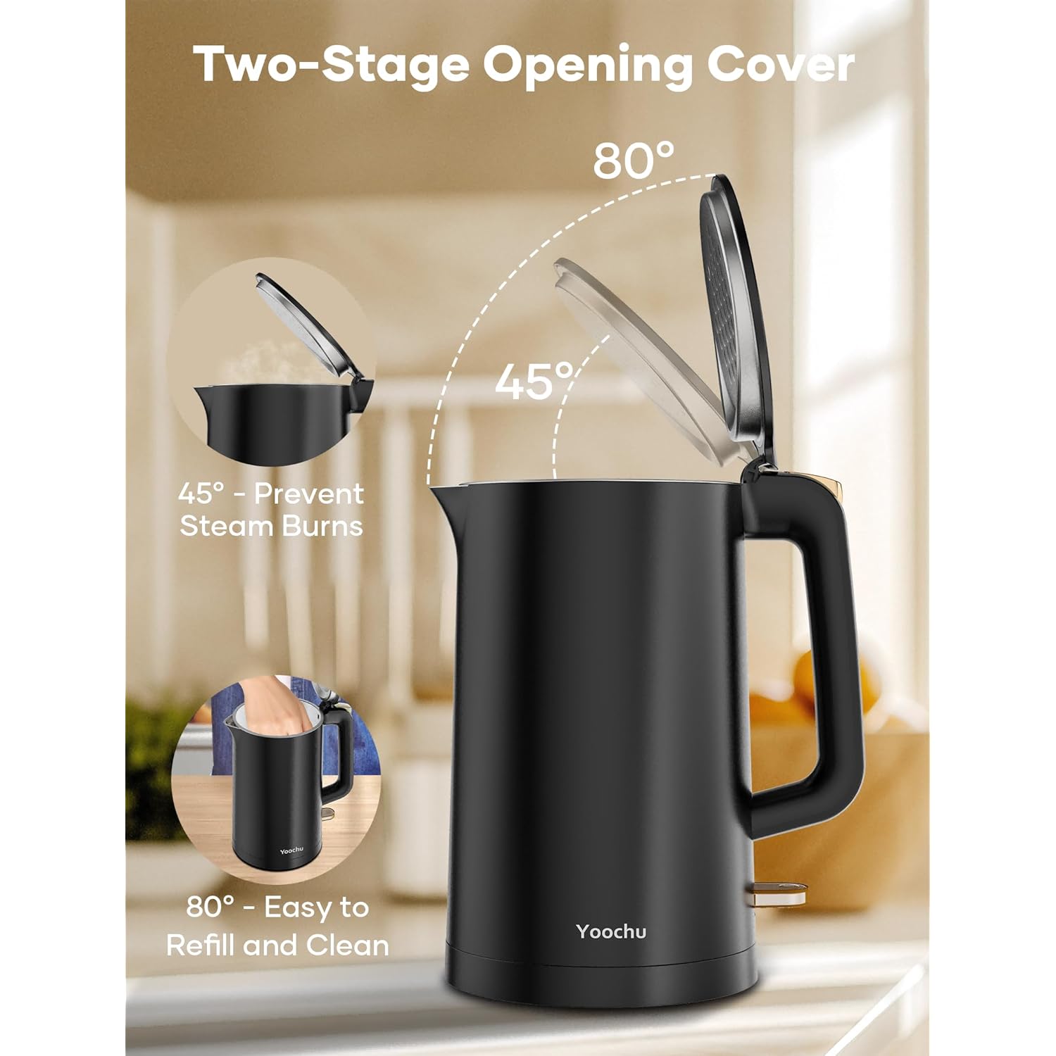 Electric Kettle, Double Wall 1.7L Stainless Steel Cool Touch, Water Boiler & Heater, 1500W Hot Tea Pot, Boil Dry Protection & Cordless Base, BPA-Free, Black
