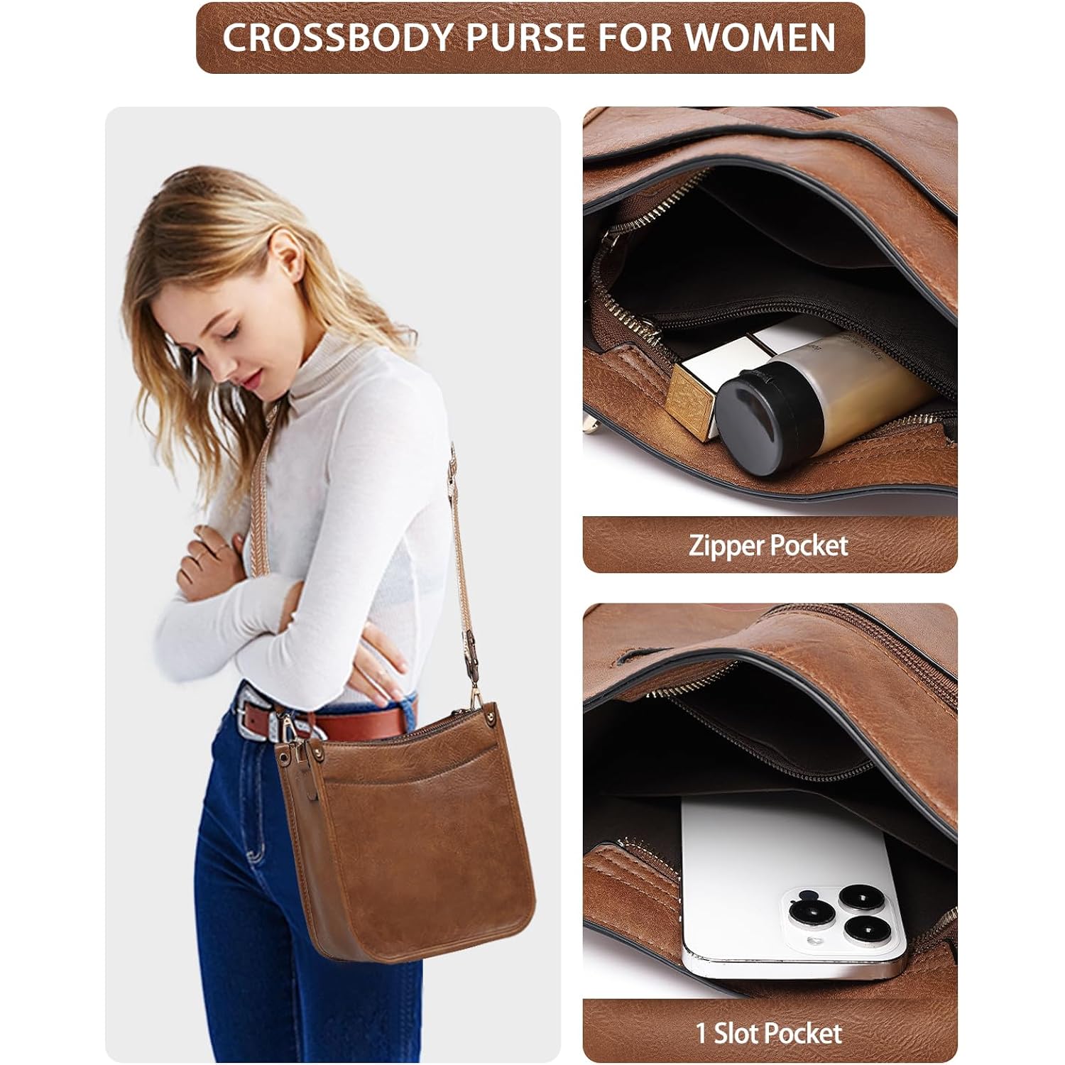 Purses for Women 3PCS, Crossbody Bags Set Large Leather Purse Shoulder Handbags with Wallet Adjustable Straps for Ladies Tote