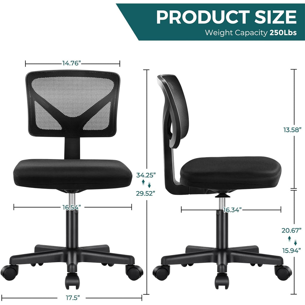 Dumos Small Office Chair Armless, Ergonomic Adjustable Home Office Swivel Rolling Task Chair No Arms, Comfy Mesh Mid Back Computer Work Vanity Desk Chiars With Wheels For Small Spaces, Inky