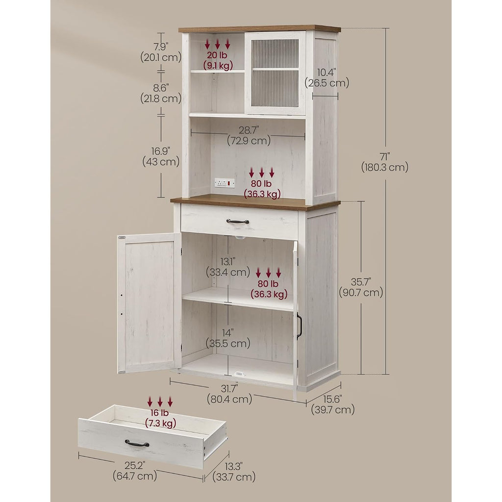 Vasagle Liry Collection - Pantry Cabinet With Lights And Charging Station, Kitchen Storage Cabinet With Doors And Drawer, 15.6 X 31.7 X 71.1 Inches, Farmhouse Style, Rustic White Ubbk363W12V2