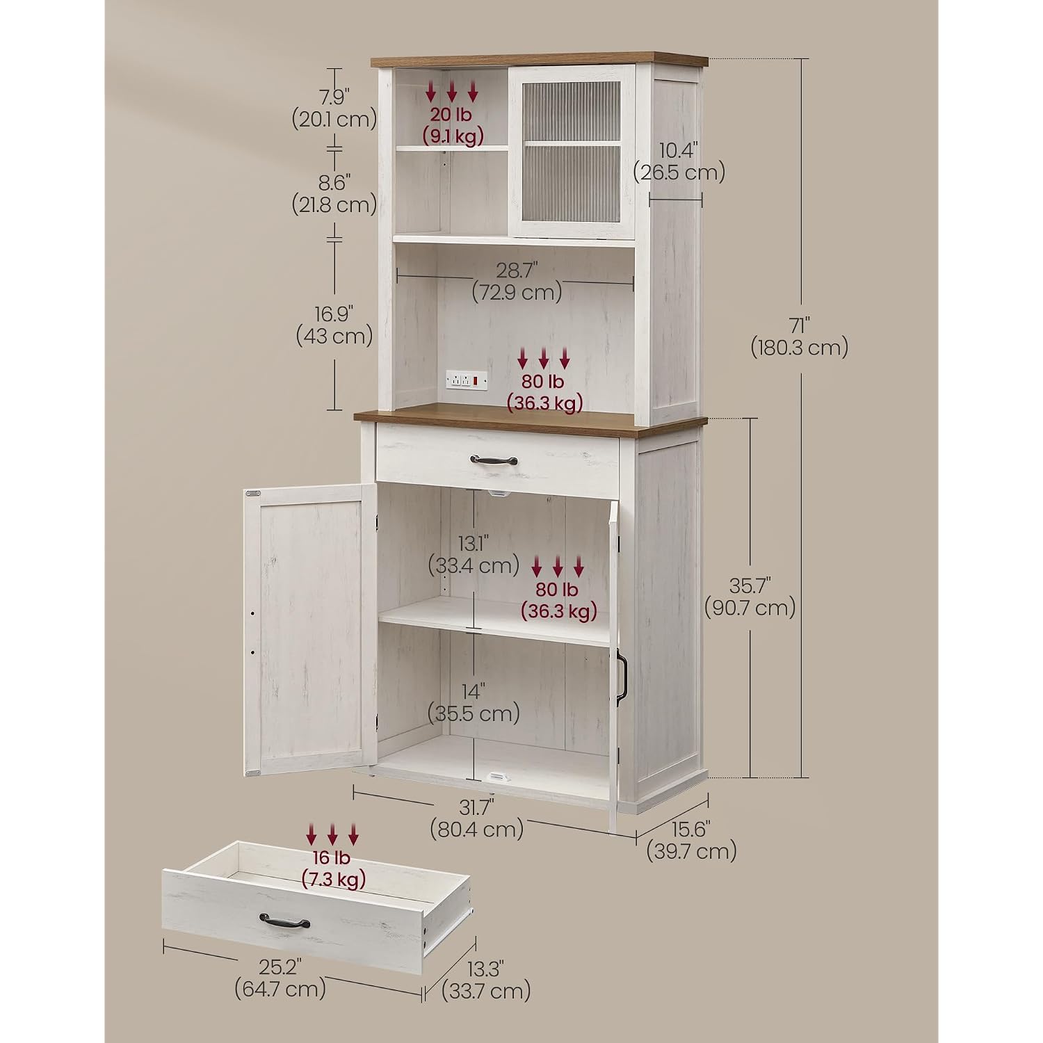 Vasagle Liry Collection - Pantry Cabinet With Lights And Charging Station, Kitchen Storage Cabinet With Doors And Drawer, 15.6 X 31.7 X 71.1 Inches, Farmhouse Style, Rustic White Ubbk363W12V2