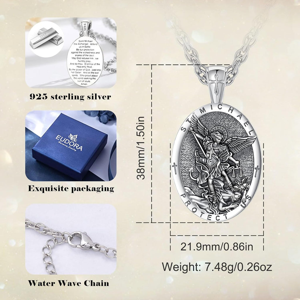EUDORA 925 Sterling Silver St Benedict/St Michael/St Christopher/Archangel Raphael Gabriel Metatron/Virgin Mary/St Joseph/St Anthony Crucifix Pendant Bible Verse Prayer Necklace Jewelry for Men Women
