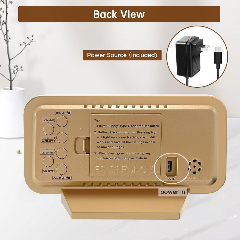 Peakeep Slim Digital Mirror Aesthetic Alarm Clock For Bedrooms Desk Decor | Plug In Electric Big Led Modern Small Clock For Office Living Room, Battery Backup, 6 Dimmers (Gold)