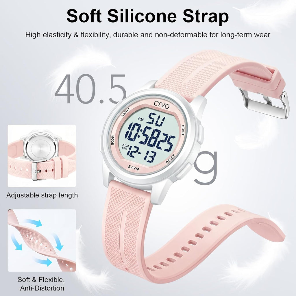 Civo Digital Watches For Women Men: Sports Waterproof Ultra-Thin Big Face Watch Suitable For Larger Wrists - Soft Silicone Wristwatch With Stopwatch Alarm For Outdoor Enthusiast - Running & Hiking