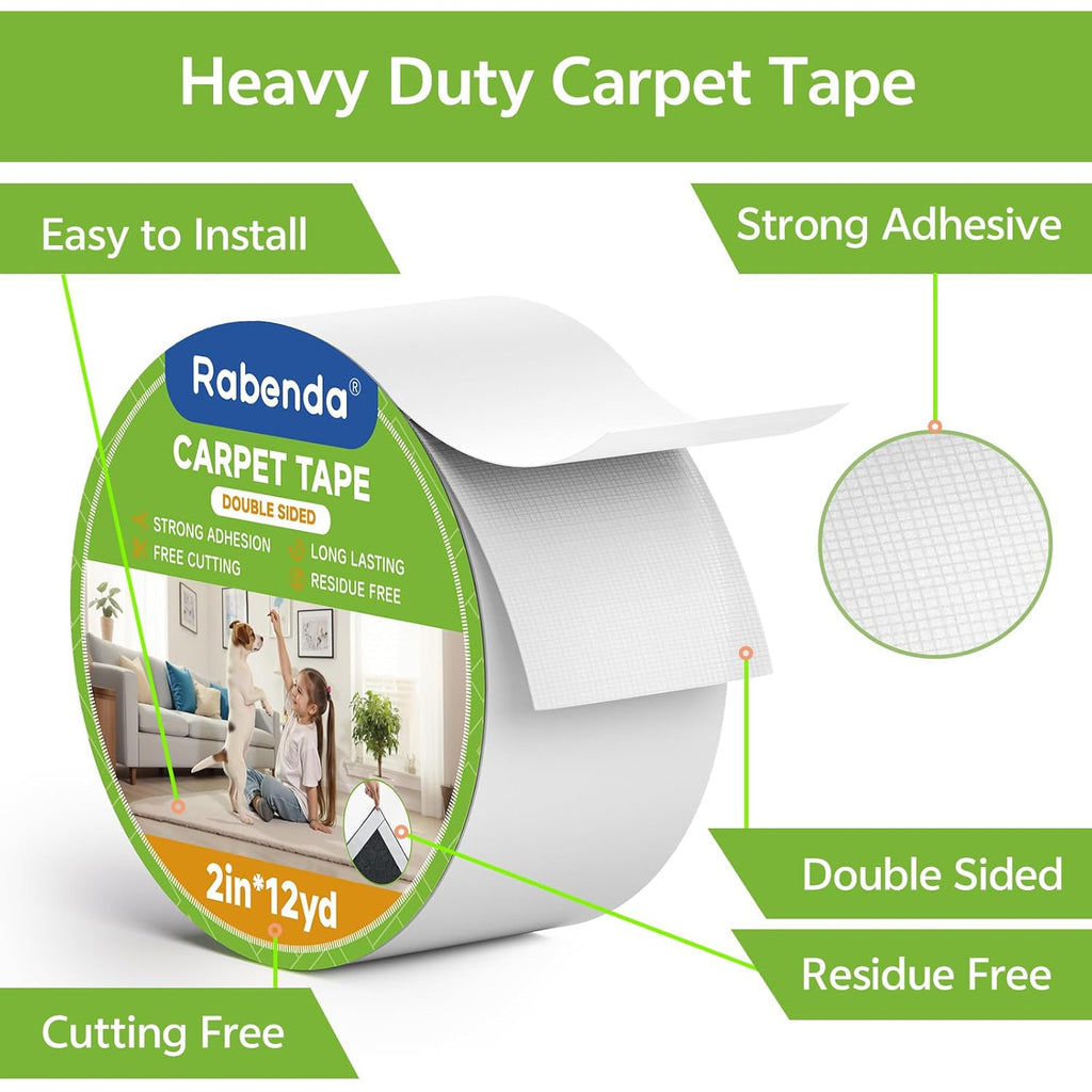 Rabenda Double Sided Carpet Tape - 2 Inch x 12 Yards Removable Rug Tape for Hardwood Floors, Tile & Laminate - No Residue Strong Hold Anti Slip Gripper for Area Rugs, Mats & Carpets