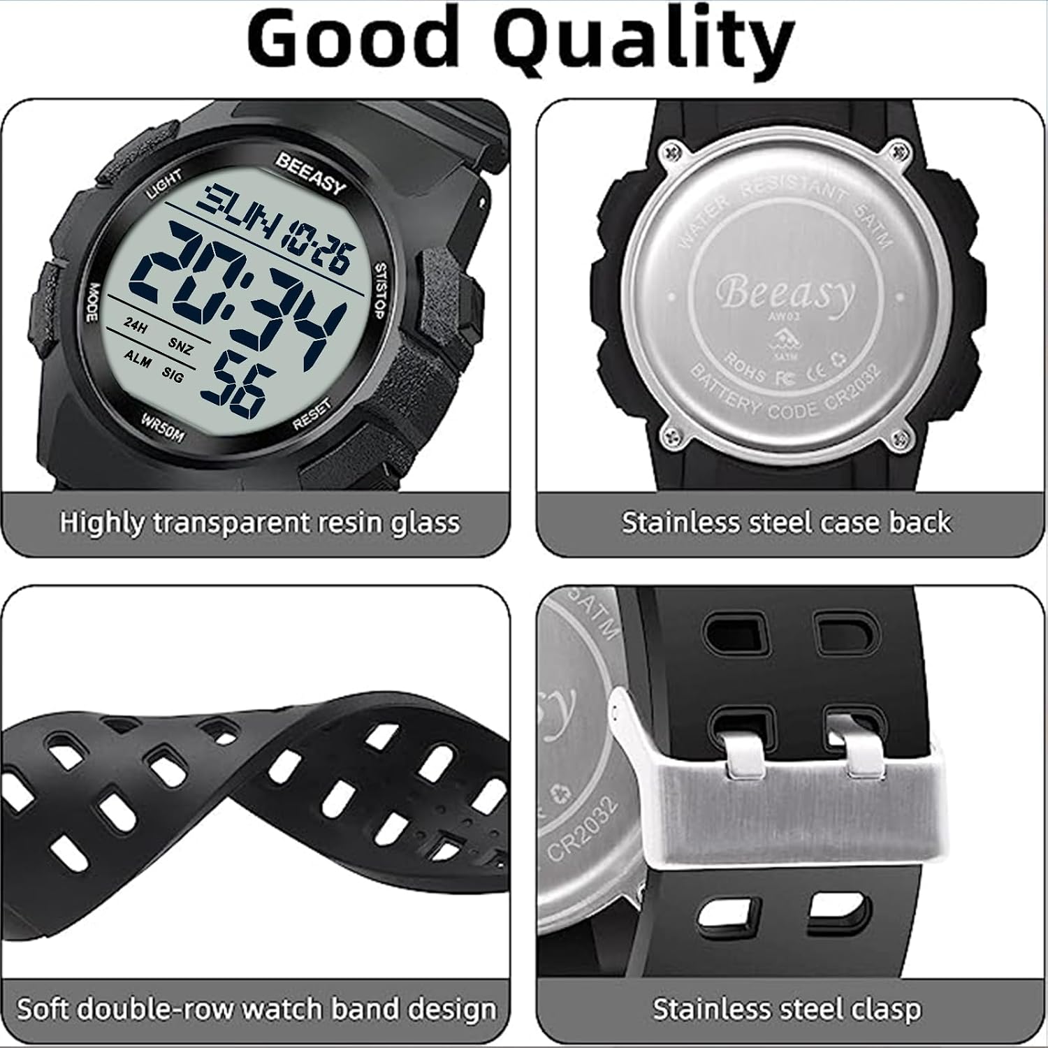 Beeasy Mens Digital Sports Watch, 50M Waterproof 49Mm Rubber Strap Mens Watches With Stopwatch, Countdown Timer, Alarm & Dual Time—Ideal For Sport, Gym, Running, Referee, School & Daily Wear