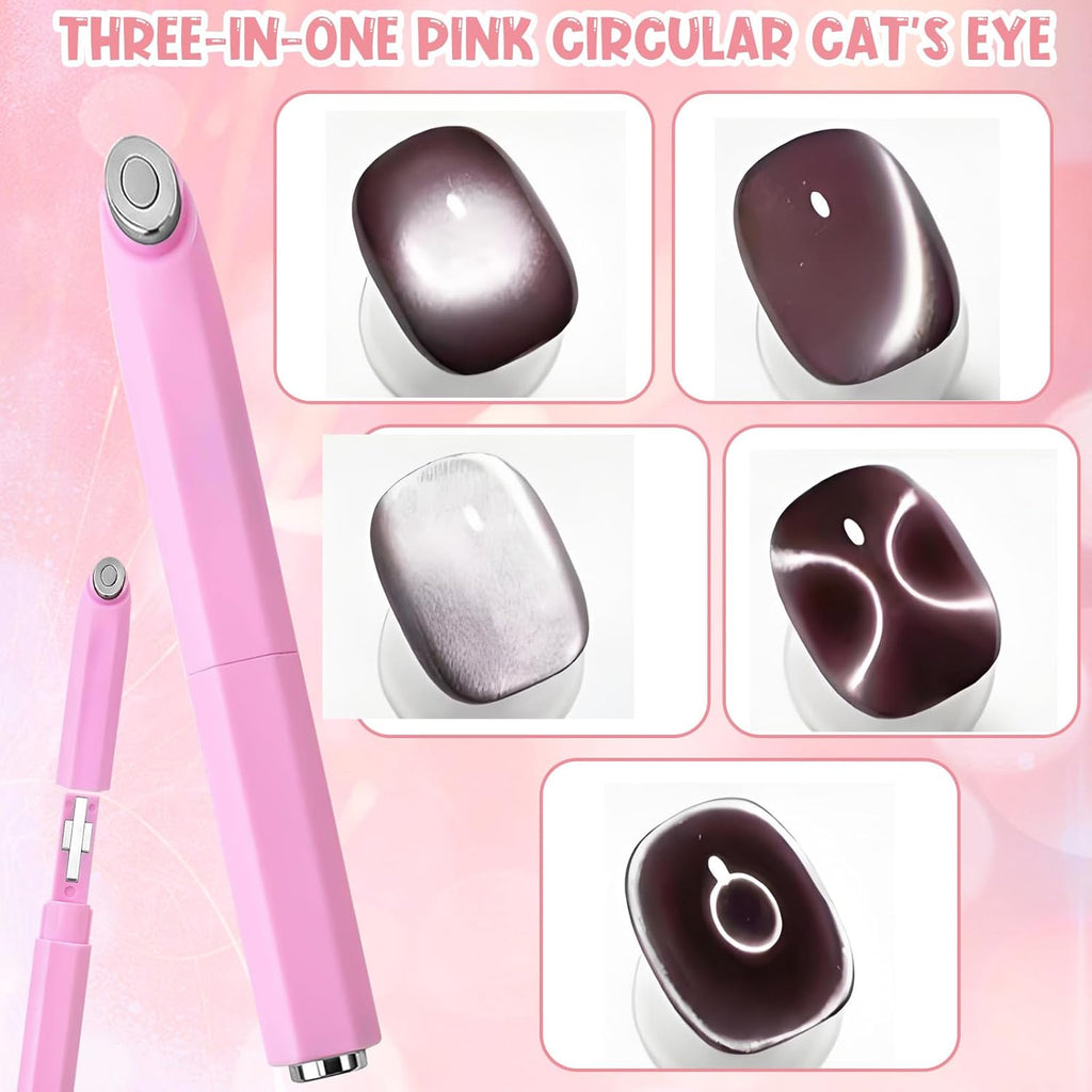New Pink 3-in-1 Ring Cat Eye Magnet, Cateye Magnet for Nails Magnet Tool Easy to Use for Beginners & Nail Artists Various Creative Patterns Not Easily Damaged