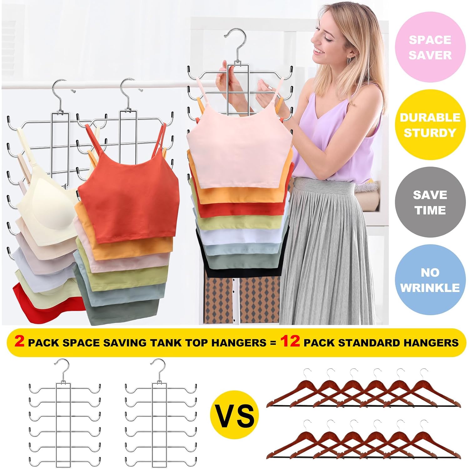 Metal Tank Top Hanger 2 Pack, Space Saving Bra Organizer With 24 Easy Access Hooks, 360° Swivel Closet Organizers And Storage, Apartment College Dorm Room Essentials, Small Space Organization Solution
