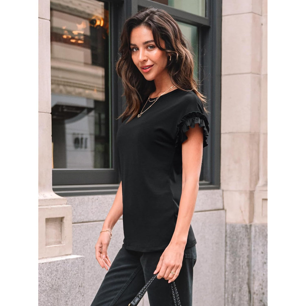 Womens Summer Trendy Tops Business Casual Short Sleeve Tshirts 2026 Cute Dressy Ruffle Crewneck Fashion Work Outfits