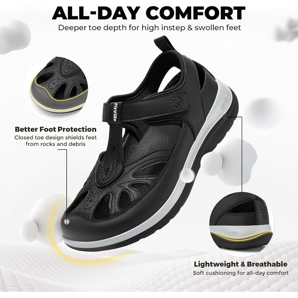 FitVille Extra Wide Womens Orthopedic Walking Sandals with Wide Toe Box, Outdoor Closed Toe Sandals with Adjustable Straps for Women, Arch Support Women's Shoes for Plantar Fasciitis, Swollen Feet