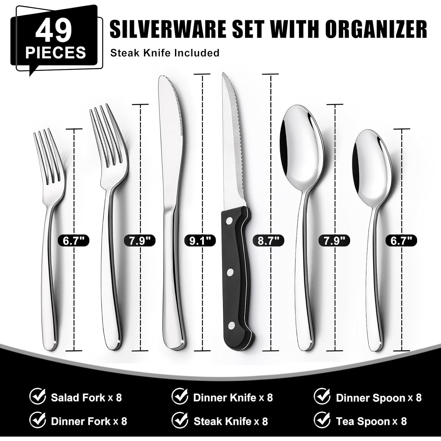 49-Piece Silverware Set with Organizer, Heavy Duty Stainless Steel Flatware Set for 8, Cutlery Utensil Sets with Steak Knives, Rust-proof, Mirror Polished, Dishwasher Safe, Heavy Duty