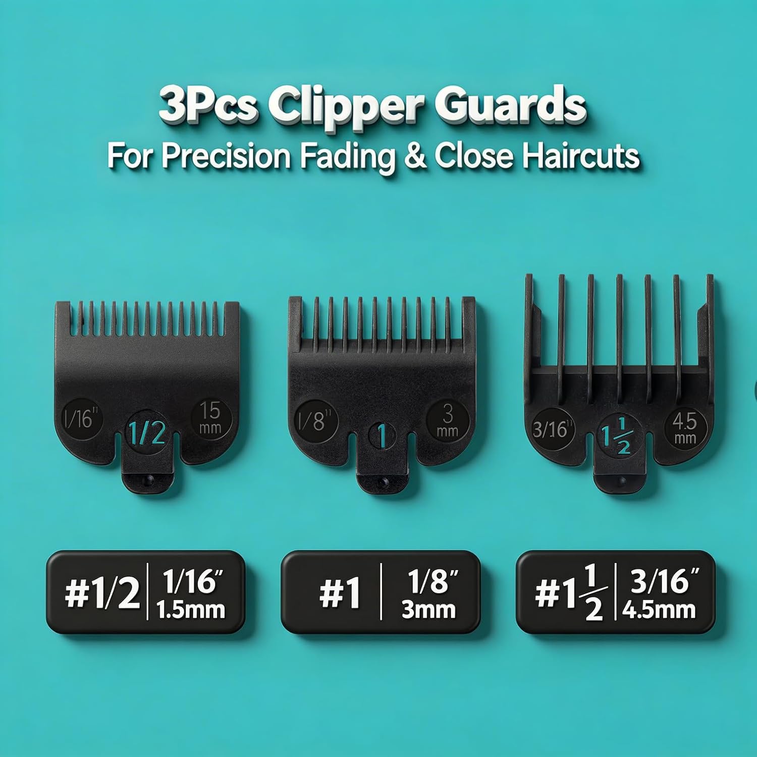 Clipper Guards Set Compatible with Most Wahl Clippers, Clipper Guides Replacement - 1/16" to 3/16", 3 Piece Set, Black Color