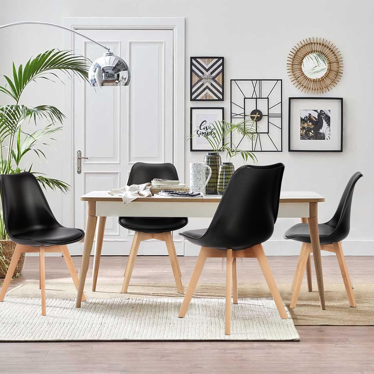 Olixis Dining Chairs Set Of 8 Kitchen Mid Century Modern Chairs With Wood Legs And Pu Leather Cushion, Upholstered Accent Chai For Living Room Bedroom Outdoor Lounge, Black