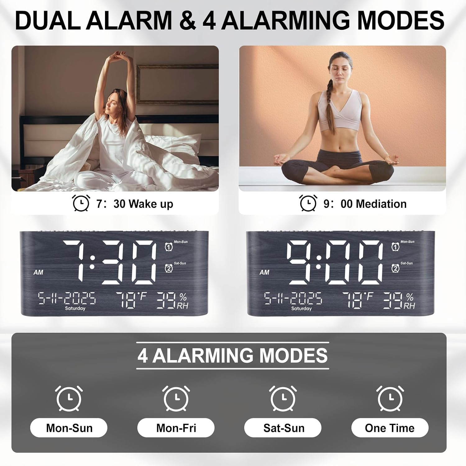 Pplee 8.7Inch Digital Alarm Clock For Bedroom-Digital Clock With Day Of Week Month Year Humidity & Temperature Brightness Snooze 2 Alarm Clock & 2 Usb Charger Desk Clock For Heavy Sleeper