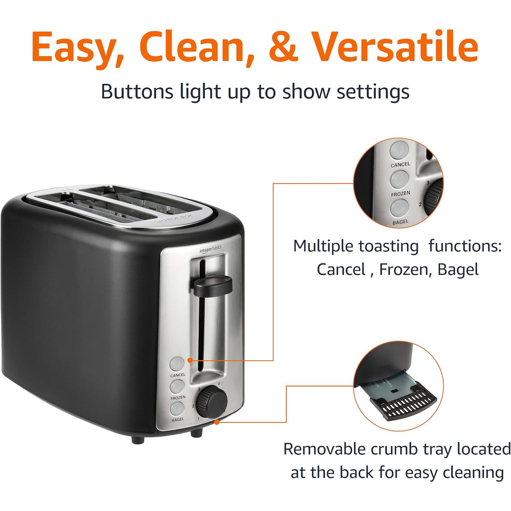 Amazon Basics 2 Slice Toaster, Extra Wide Slots For Bagels, 6 Browning Settings, Removable Crumb Tray, Defrost/Cancel/Bagel Buttons, Cord Wrap, 900W, Black & Silver