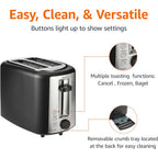 Amazon Basics 2 Slice Toaster, Extra Wide Slots For Bagels, 6 Browning Settings, Removable Crumb Tray, Defrost/Cancel/Bagel Buttons, Cord Wrap, 900W, Black & Silver