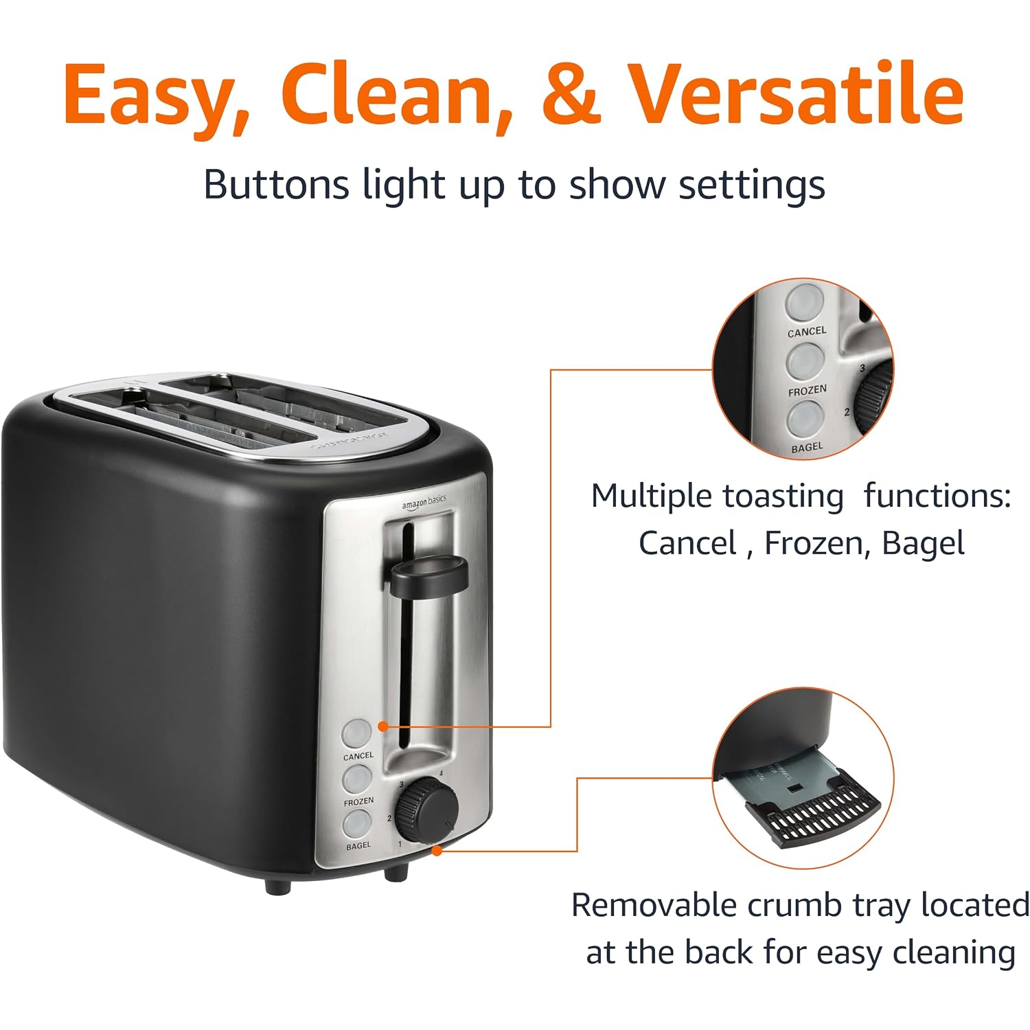 Amazon Basics 2 Slice Toaster, Extra Wide Slots For Bagels, 6 Browning Settings, Removable Crumb Tray, Defrost/Cancel/Bagel Buttons, Cord Wrap, 900W, Black & Silver