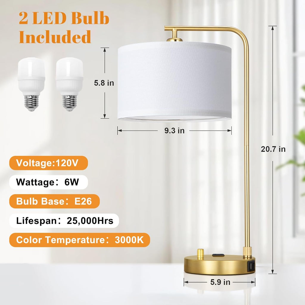Bedside Table Lamps For Bedroom Set Of 2-Dimmable Nightstand Lamps With Usb Port And Outlet,Modern Gold Lamps With Linen Shade,Tall Desk Lamps For Home Office Bedroom Living Room End Table