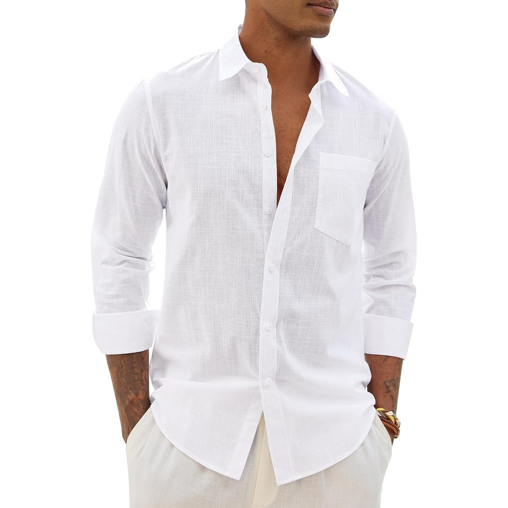 Alimens & Gentle Mens Cotton Linen Textured Shirt Long Sleeve Button Down Shirts Casual Summer Beach Wedding Tops With Pocket