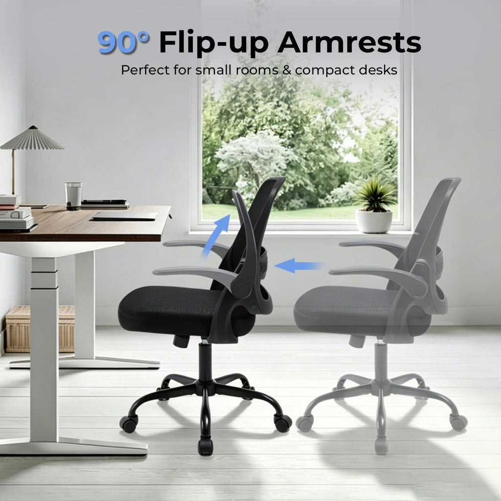 Ergonomic Mesh Office Chair For Home Office, Flip-Up Arms, Breathable Mesh Back & Thick Seat Cushion, Swivel Rolling Computer Desk Chair, Bifma Certified, Supports 300 Lbs (Black Frame/Black Seat)