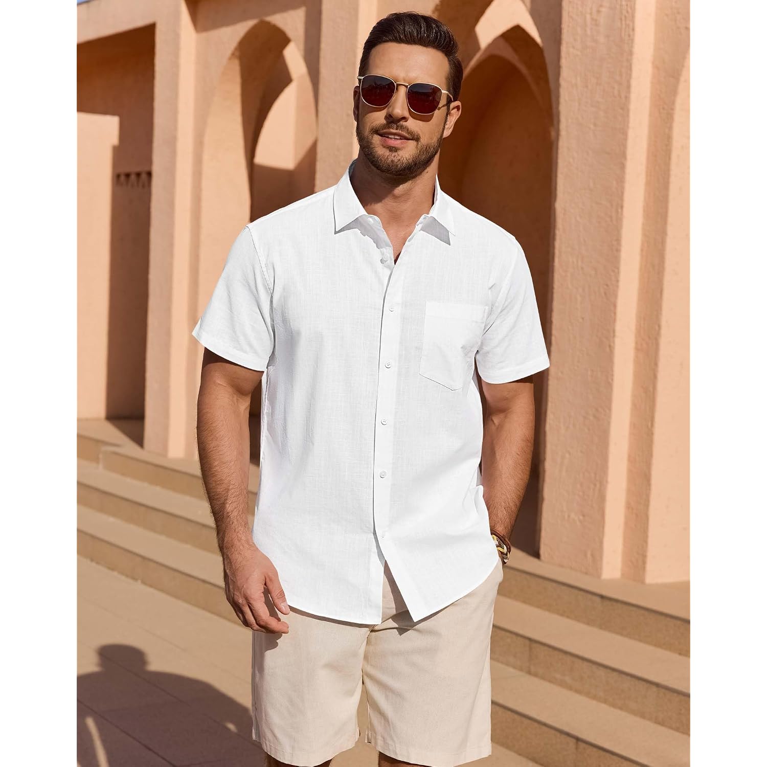 Linen Shirts For Men Short Sleeve Button Down Casual Shirt Cotton Beach Summer Collared Top With Pocket