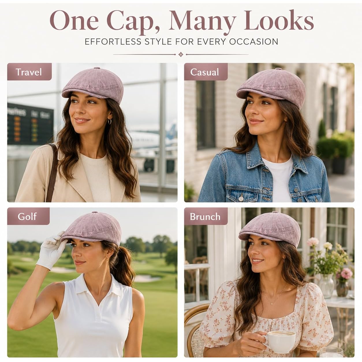 Newsboy Flat Cap for Men Women, Adjustable Washed Cotton Hat | 100% cotton, 8-panel Gatsby style, adjustable 57-60 cm fit for driving, golf, travel, and daily vintage looks. #B36-pink