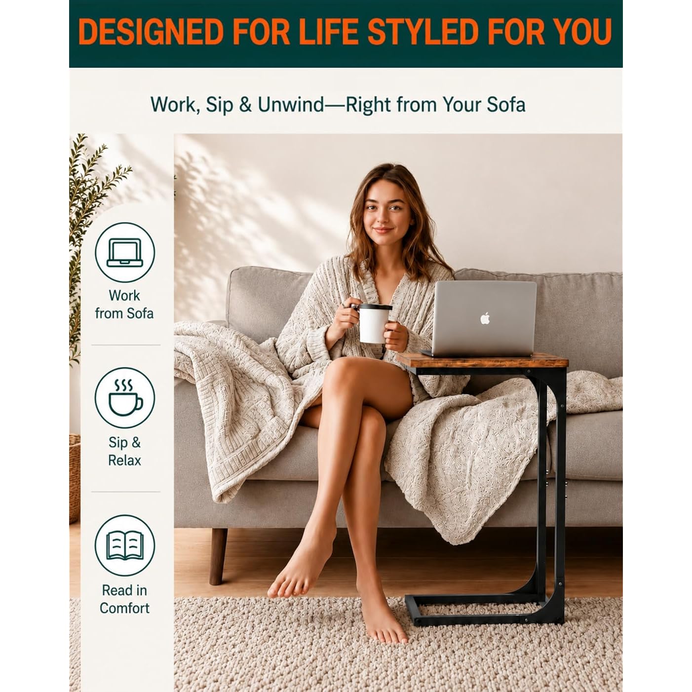 C-Shaped Side Table For Couch - Small Coffee Stand Sofa Tray Desk With Metal Frame And Waterproof Scratch Resistant, Modern End Accent For Living Room, Bedroom, Small Spaces, Rustic Brown