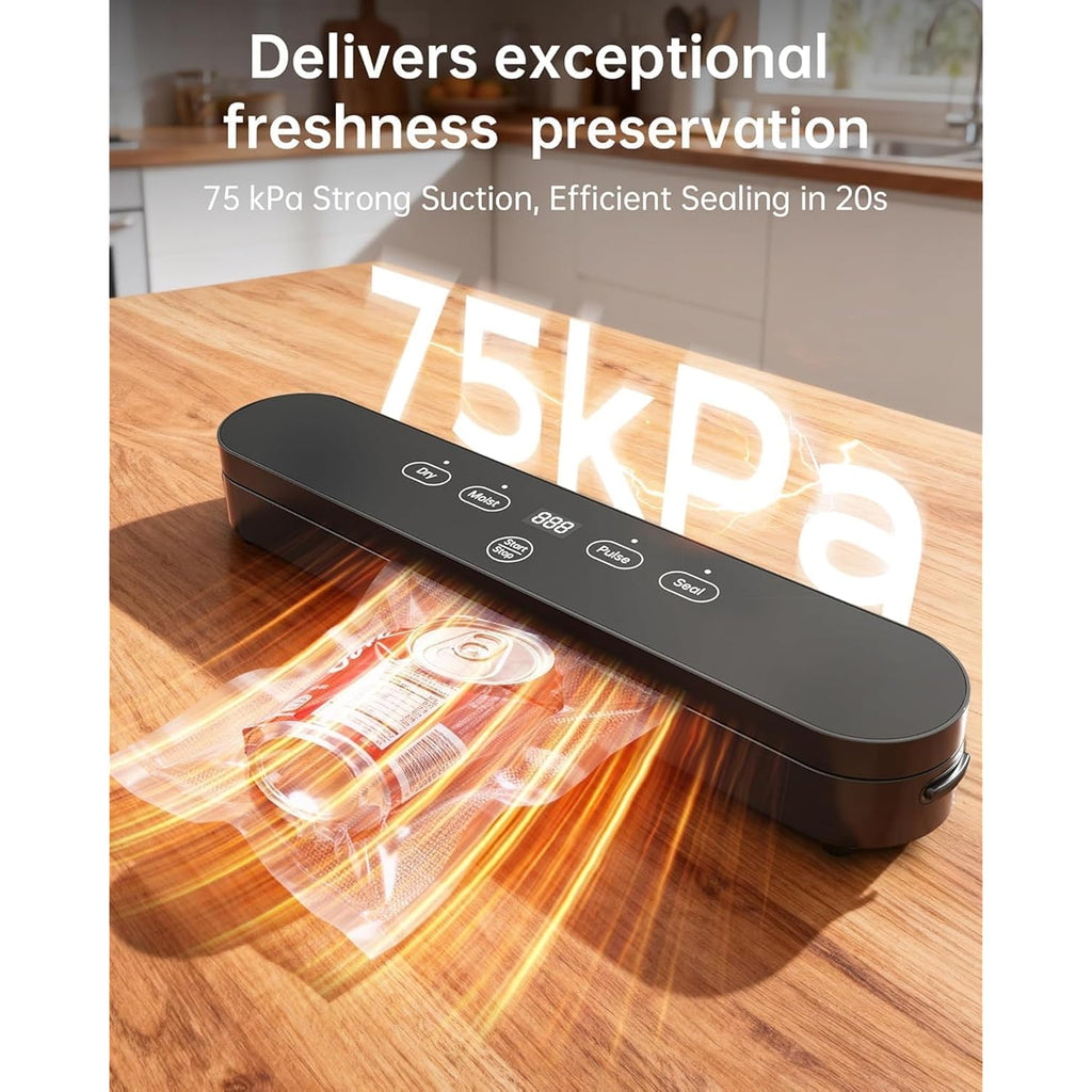 75kPa Vacuum Sealer Machine, Compact Vacuum Sealer for Food, 4-in-1 Food Sealer, Digital Timer, Moist/Dry, Pulse, Seal Modes, with 20 Vacuum Bags, Black