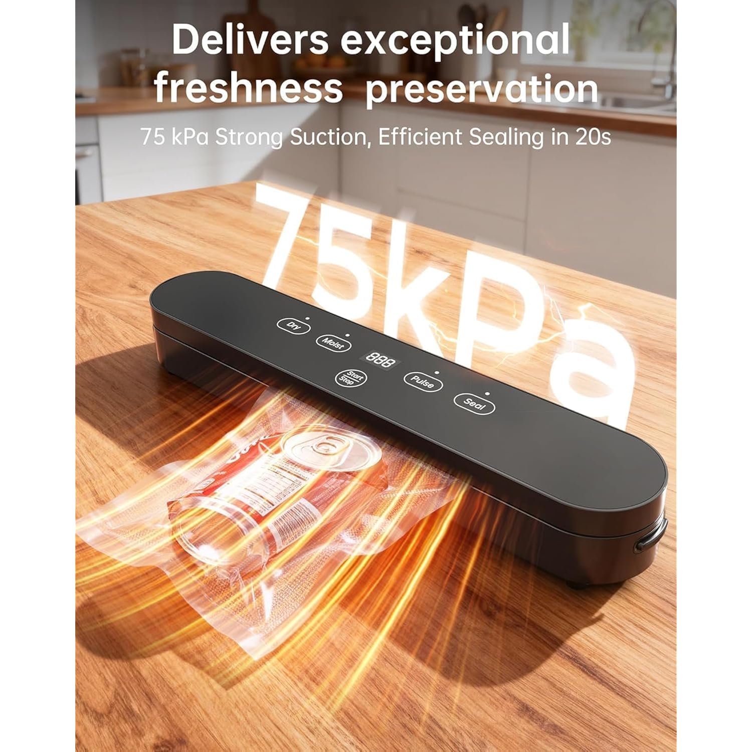75kPa Vacuum Sealer Machine, Compact Vacuum Sealer for Food, 4-in-1 Food Sealer, Digital Timer, Moist/Dry, Pulse, Seal Modes, with 20 Vacuum Bags, Black