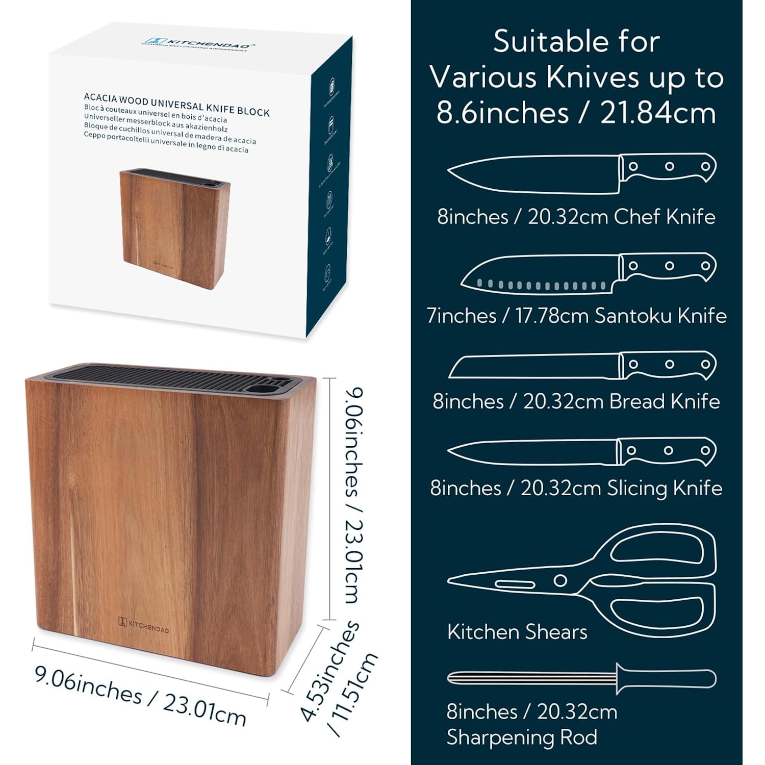KITCHENDAO XL Acacia Wood Universal Knife Block with Slots for Scissors and Sharpening Rod, Safe, Space Saver Knives Storage Stand Display without Knives, Unique Slot Design to Protect Blade