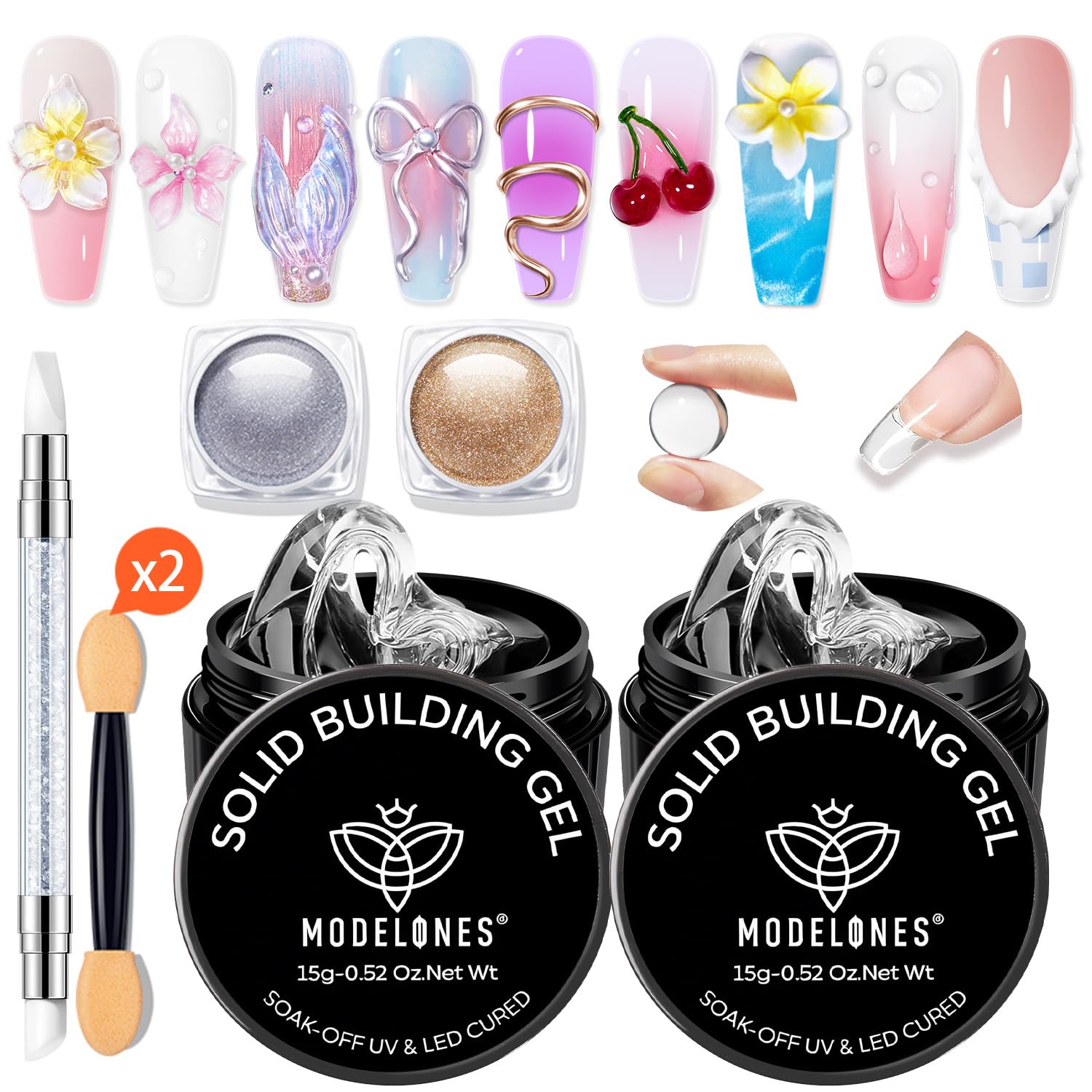modelones 3D Gel Nail Art Kit, Non-Sticky Solid Builder Sculpting Gel for Nail Art Molding & Extensions with Chrome powder for Beginner DIY or Salon Spring Nails at Home Cured Needed