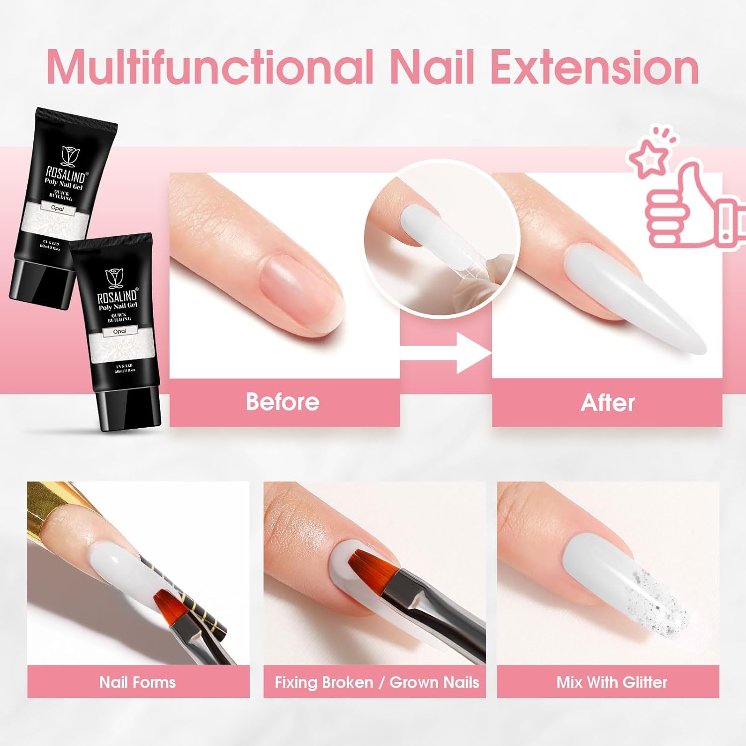 ROSALIND White Poly Extension Gel, 2 PCS 2 oz White Poly Nail Gel kit Nail Builder for Opal Nail Art Decoration, Nail Thickening Poly Nail Gel Tube Easy to DIY Use Need UV Lamp